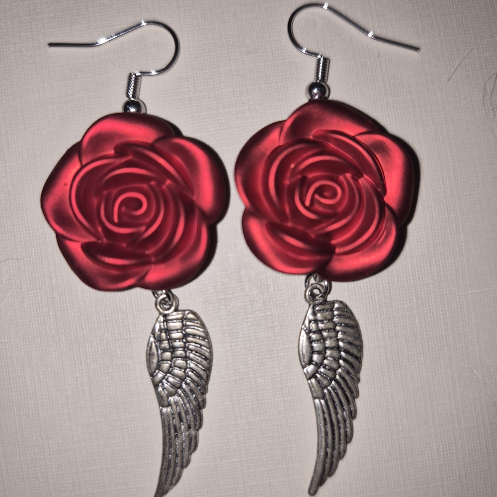 Elegant Red Rose Wing Earrings